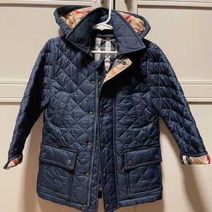 Burberry Kids Detachable Hood Diamond Quilted Jacket in Blue